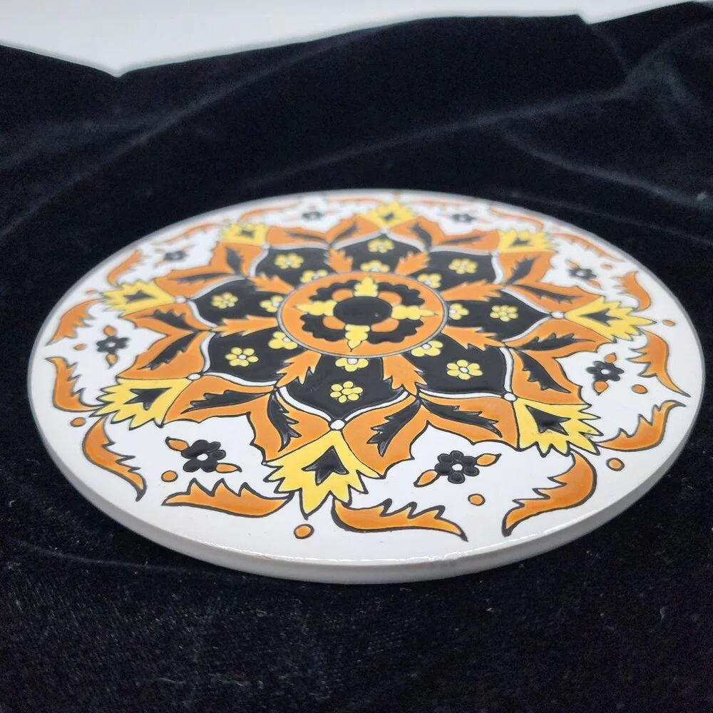 Handmade Greek Ceramic Tile By Nassos Keramik Vibrant Orange & Yellow Floral BOH